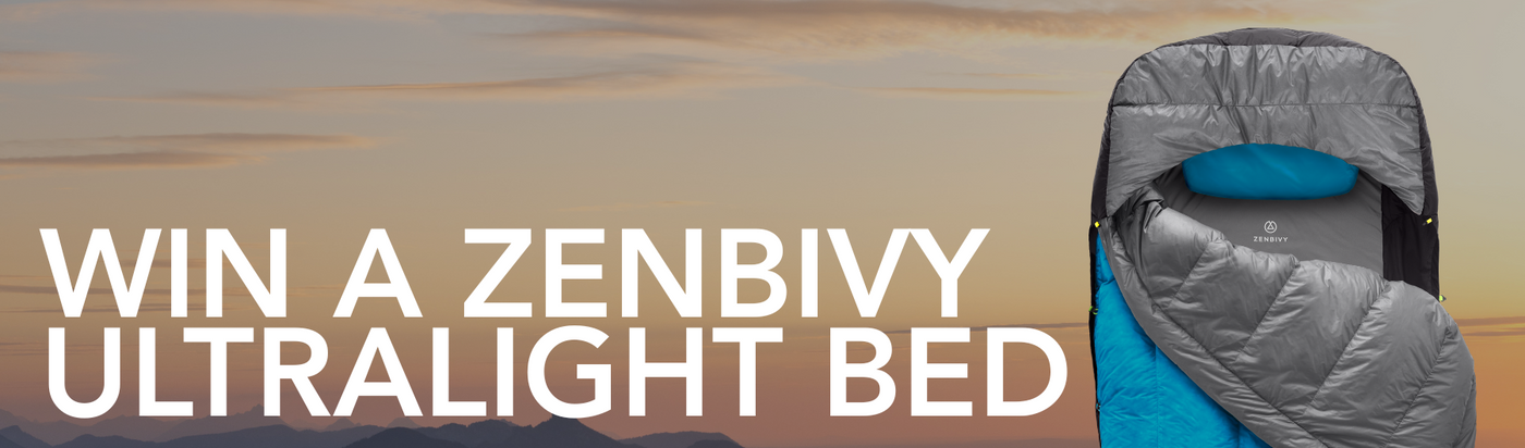 Blue ultralight bed with mountains and sunset in the background, promotional text for Zenbivy. | zenbivy.eu