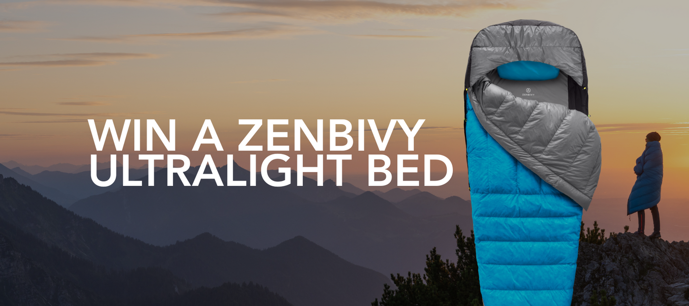 Blue ultralight bed with mountains and person in the background, promotional text for Zenbivy. | zenbivy.eu
