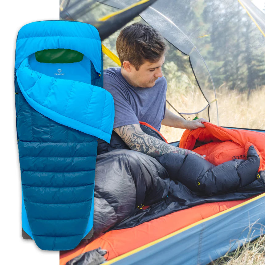 Person sitting inside a tent with a blue sleeping bag and red sleeping pad. | zenbivy.eu