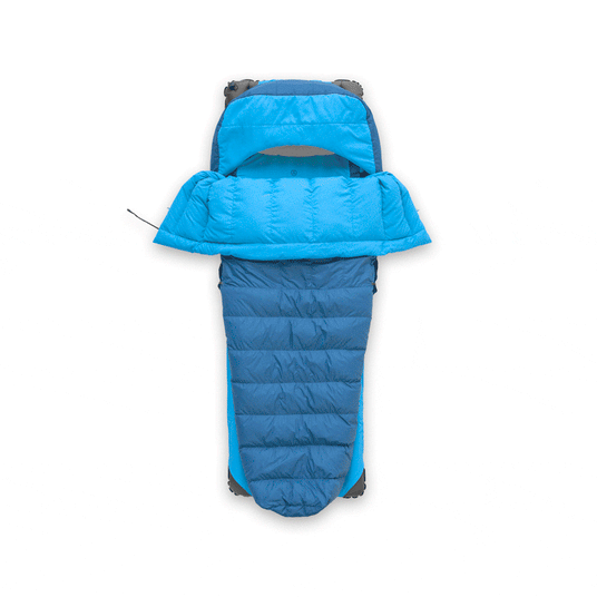 Bright blue Zenbivy quilt and sheet system shown separately on a white background. The quilt is spread open, and the sheet covers a mattress with a built-in hood.