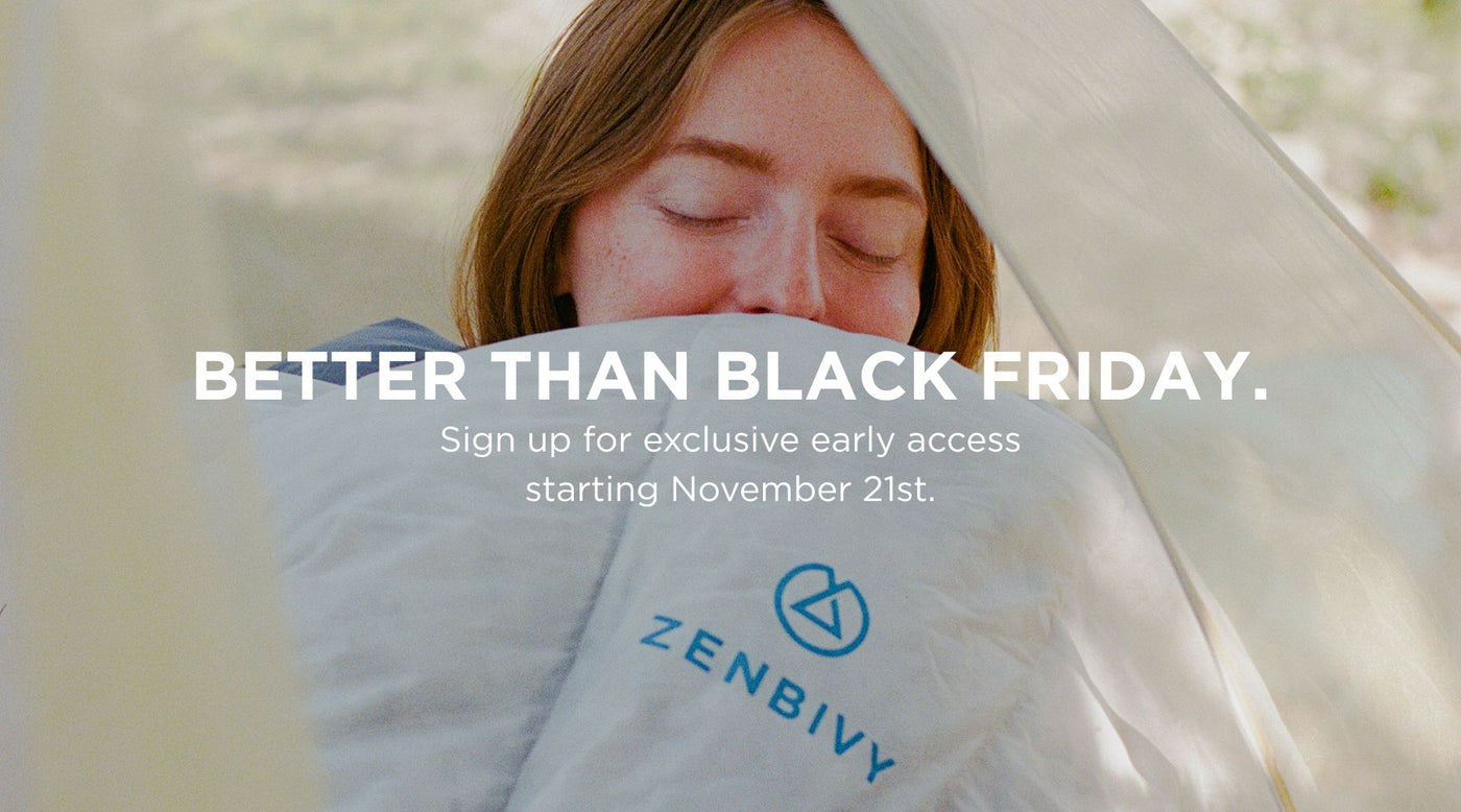 Person wrapped in a blanket with Zenbivy logo, promotional text for early access offer. | zenbivy.eu