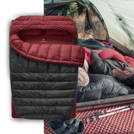 Black and red sleeping bag with a person lying inside it in a camping setting. I Zenbivy.eu